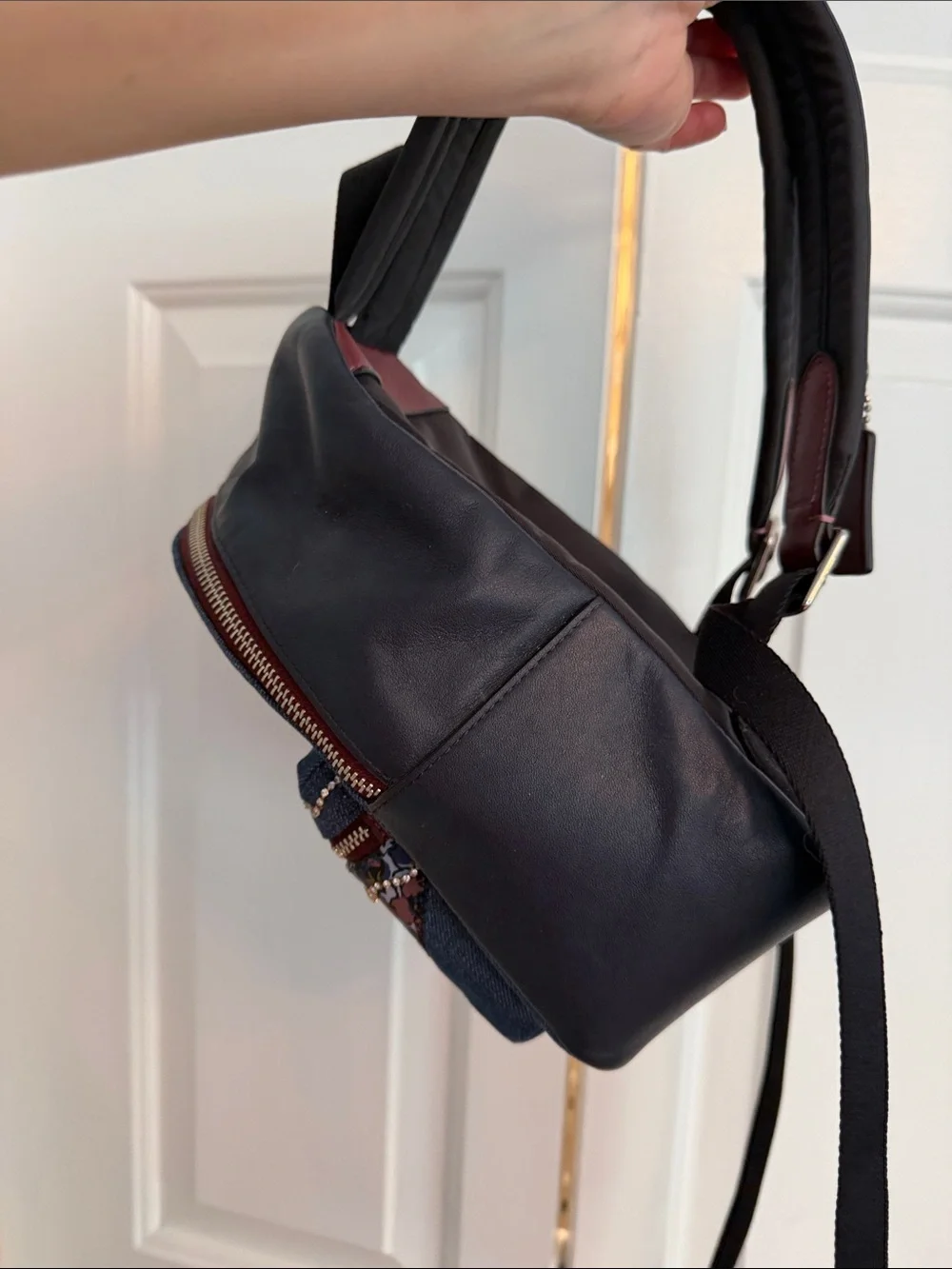 Authentic Coach Burgundy Leather/Denim mini backpack with patchwork/rhinestone